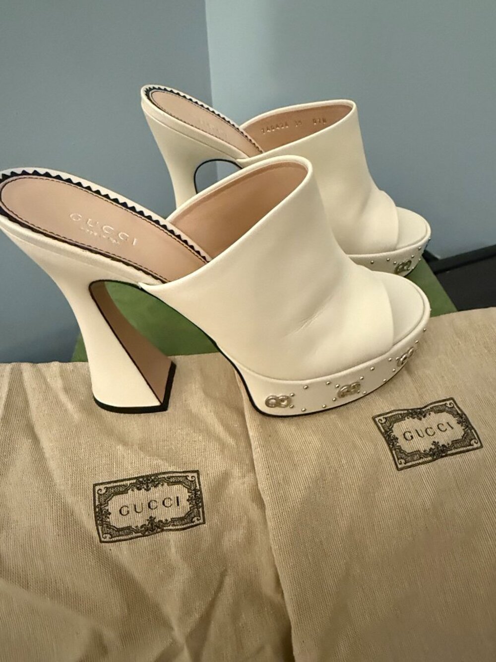 Gucci Mystic White Platform Slide Mules w/ Studs & Interlocking G - Size 9 - Picture 3 of 6